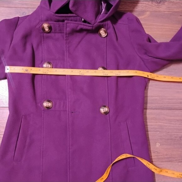Hydraulic Purple Wool Blend Hooded Peacoat | Double-Breasted Button Front - Picture 4 of 8